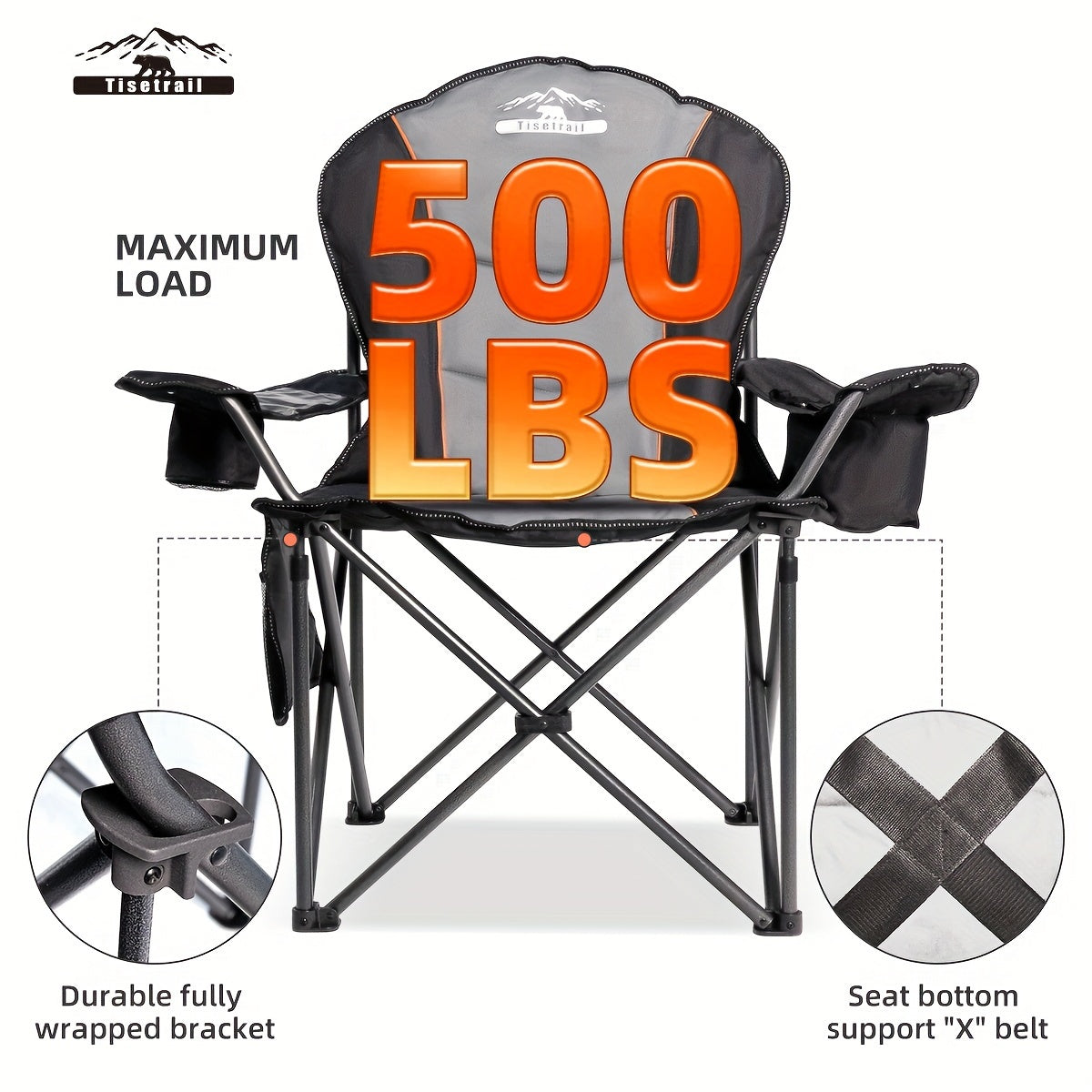 Tisetrail Oversized Folding Camping Chair with Cooler 500 lbs Support Black & Gray