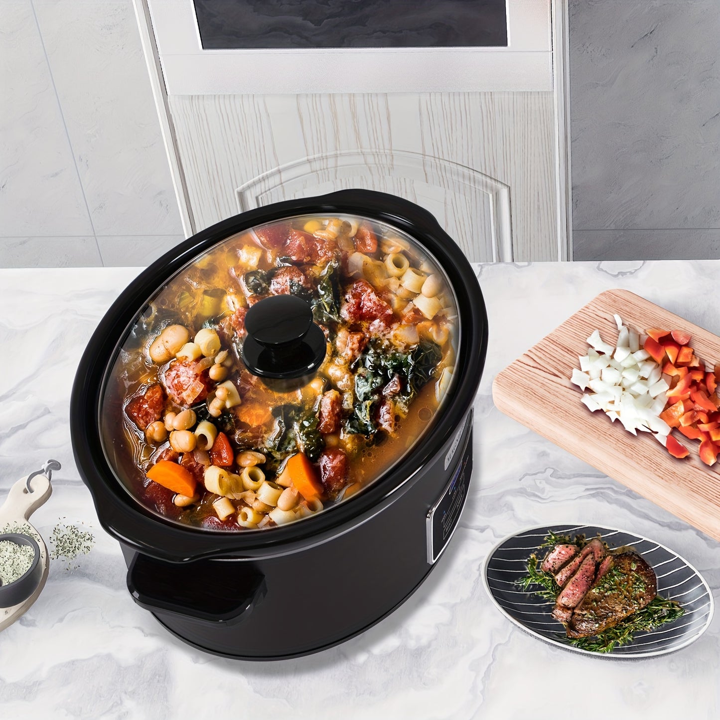 Magnifique 7 Quart Black Stainless Steel Programmable Slow Cooker with Removable Crock – Perfect for Family Dinners, Healthy Meals, and Meal Prep, Includes Lid and Utensil Holder, Crockpot for Cooking
