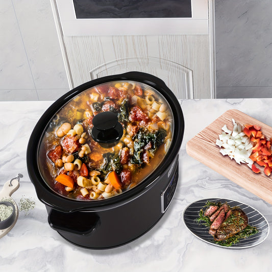 Magnifique 7 Quart Black Stainless Steel Programmable Slow Cooker with Removable Crock – Perfect for Family Dinners, Healthy Meals, and Meal Prep, Includes Lid and Utensil Holder, Crockpot for Cooking
