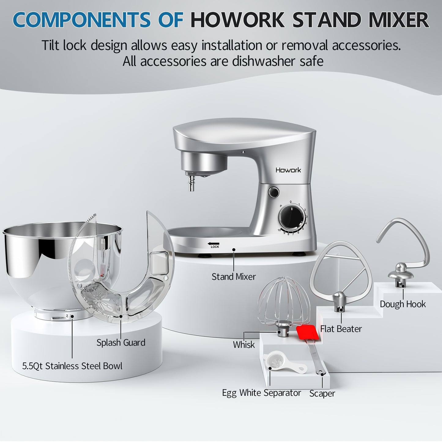 [10-Speed] HOWORK Stand Mixer | 10-Speed | 5QT | Electric | Dishwasher-Safe | For Most Home Cooks