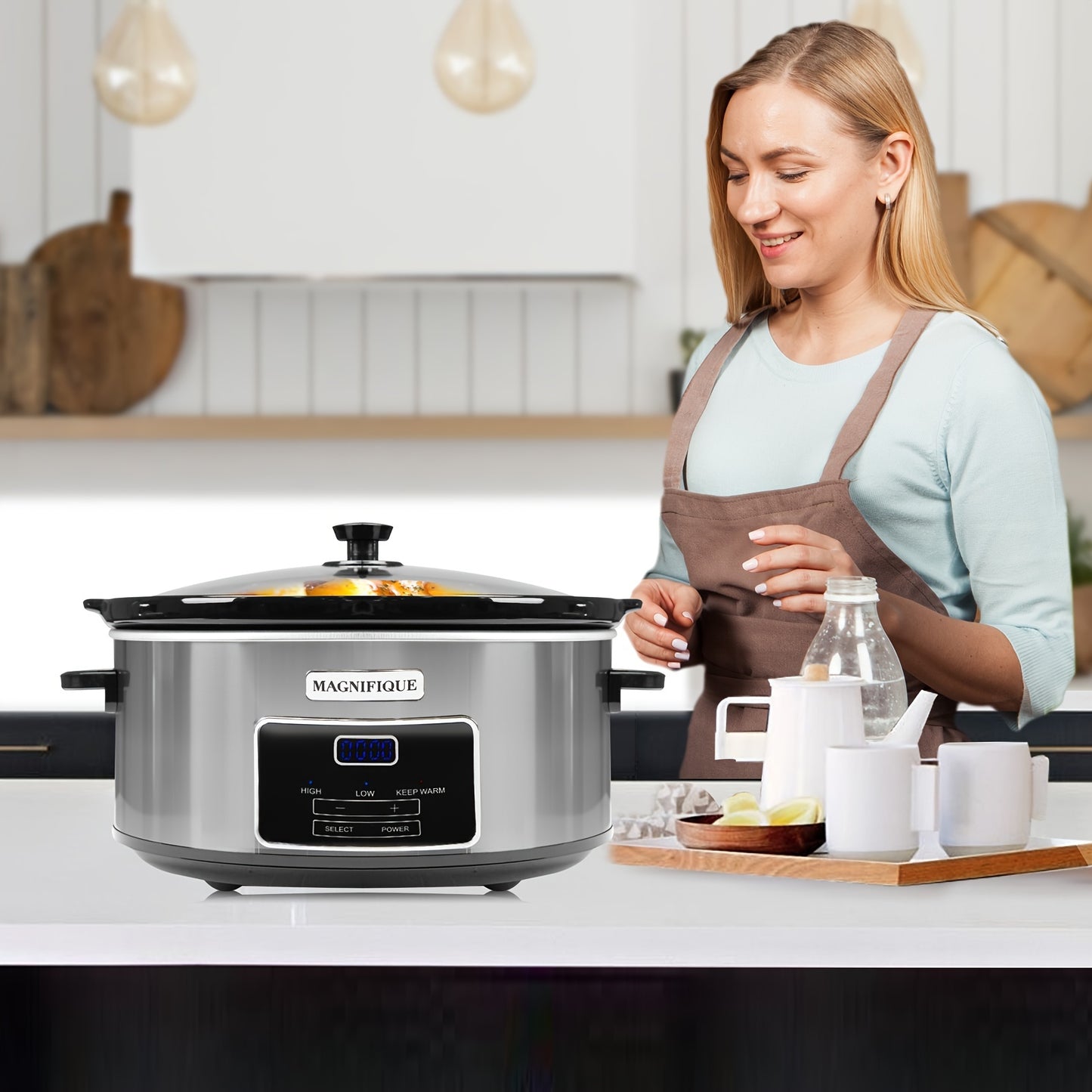 Magnifique 7 Quart Black Stainless Steel Programmable Slow Cooker with Removable Crock – Perfect for Family Dinners, Healthy Meals, and Meal Prep, Includes Lid and Utensil Holder, Crockpot for Cooking