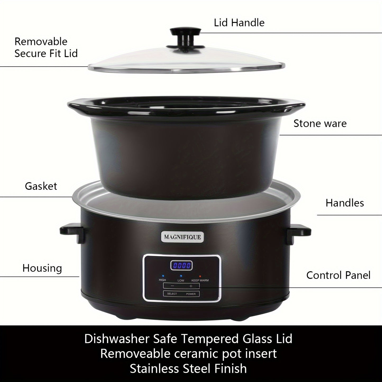 Magnifique 7 Quart Black Stainless Steel Programmable Slow Cooker with Removable Crock – Perfect for Family Dinners, Healthy Meals, and Meal Prep, Includes Lid and Utensil Holder, Crockpot for Cooking