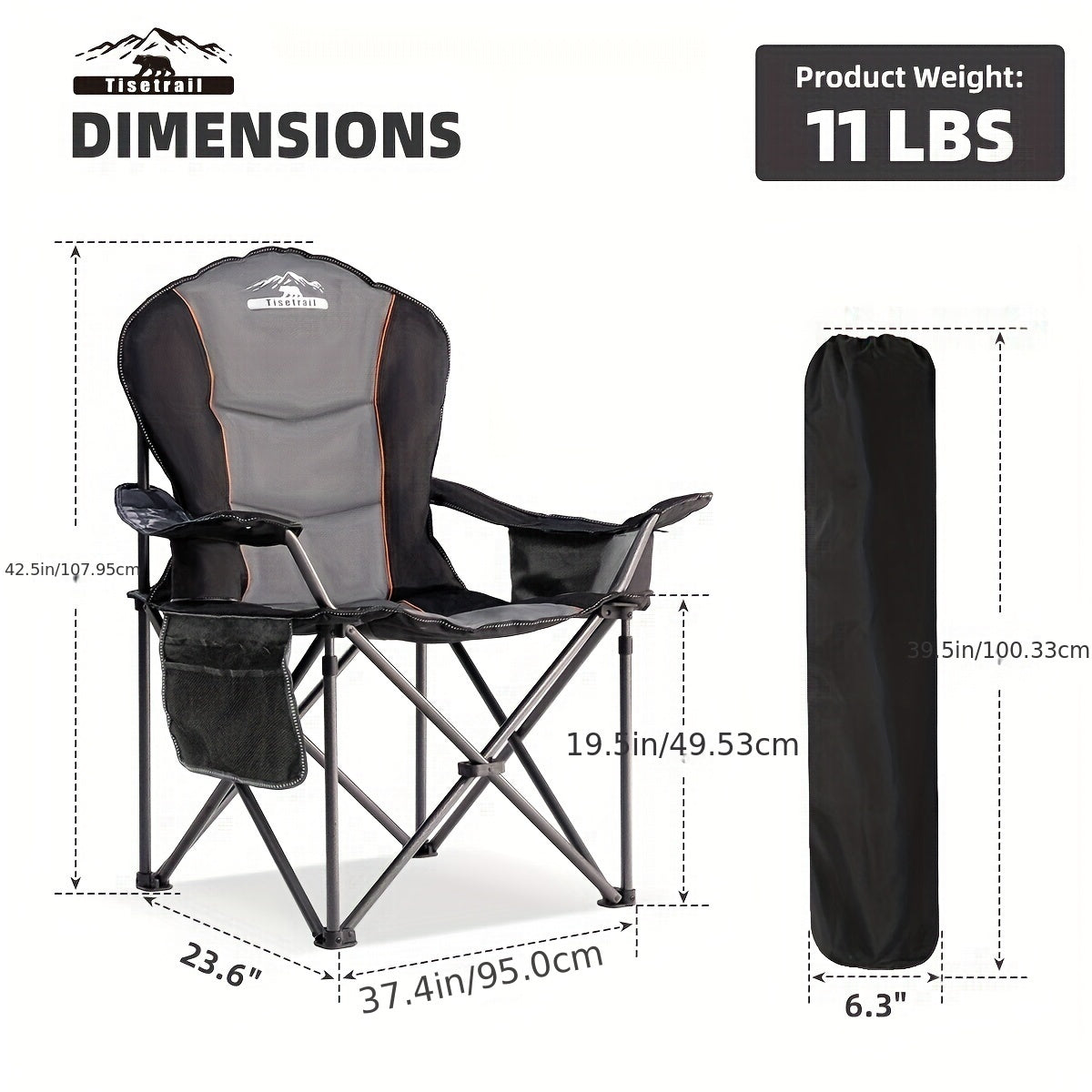 Tisetrail Oversized Folding Camping Chair with Cooler 500 lbs Support Black & Gray