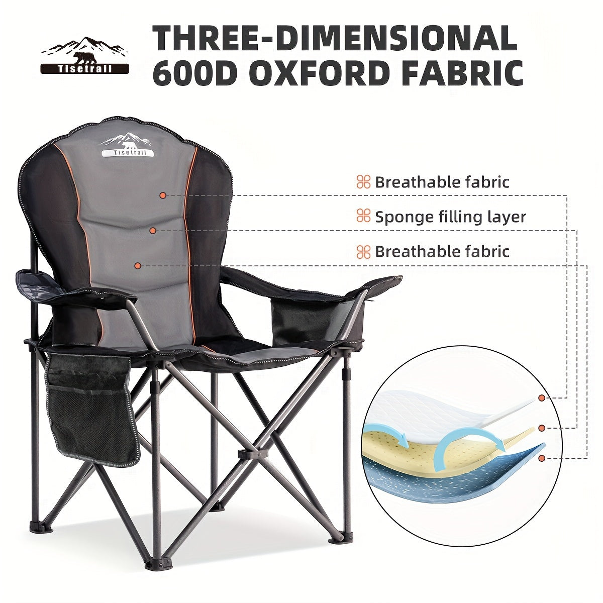 Tisetrail Oversized Folding Camping Chair with Cooler 500 lbs Support Black & Gray