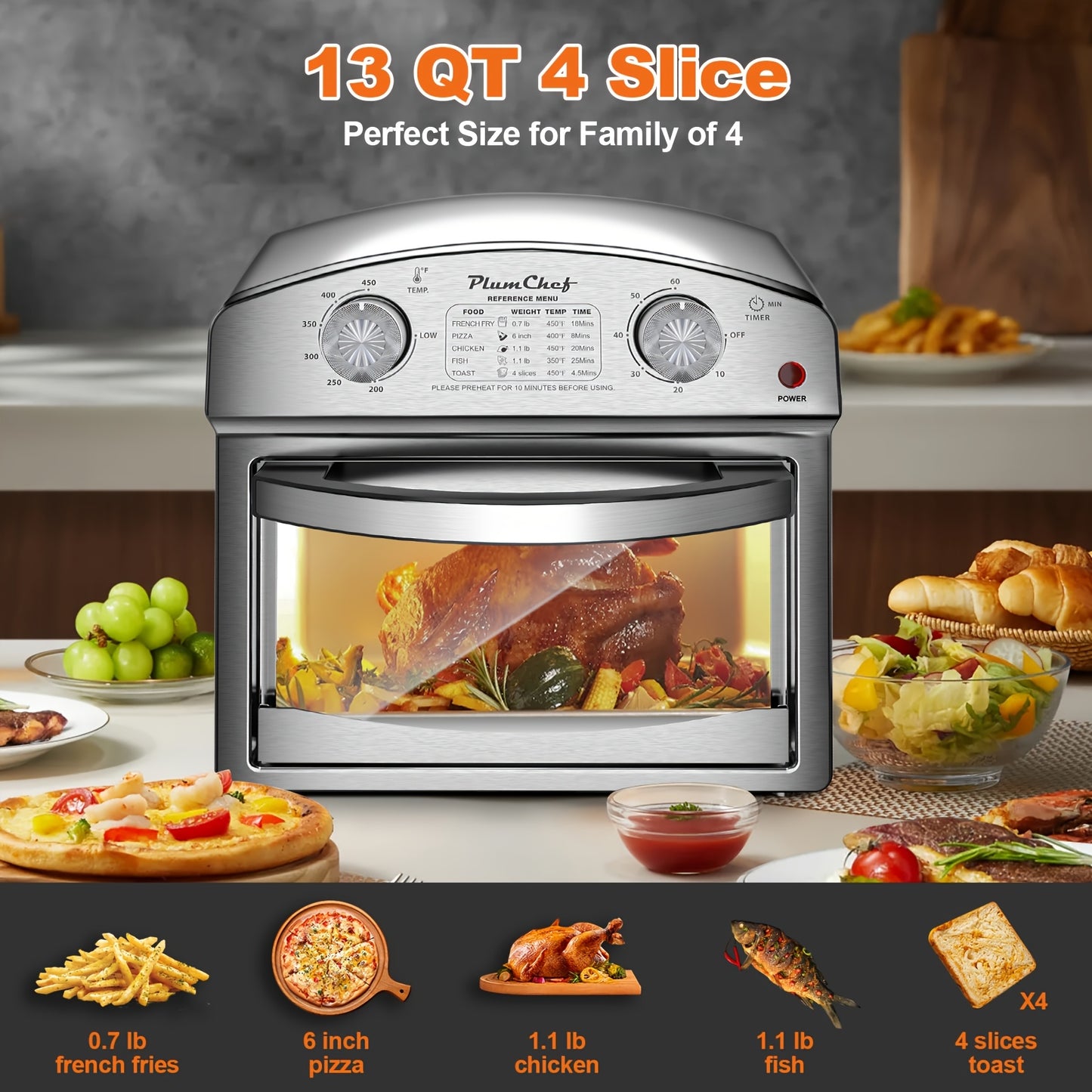 [7 In 1 PlumChef] PlumChef 12.5 Quart 7 In 1 Multifunction Air Fryer Convection Toaster Oven, 1500W, 5 Pre-set Menus, 4 Slices, Stainless Steel, Silver