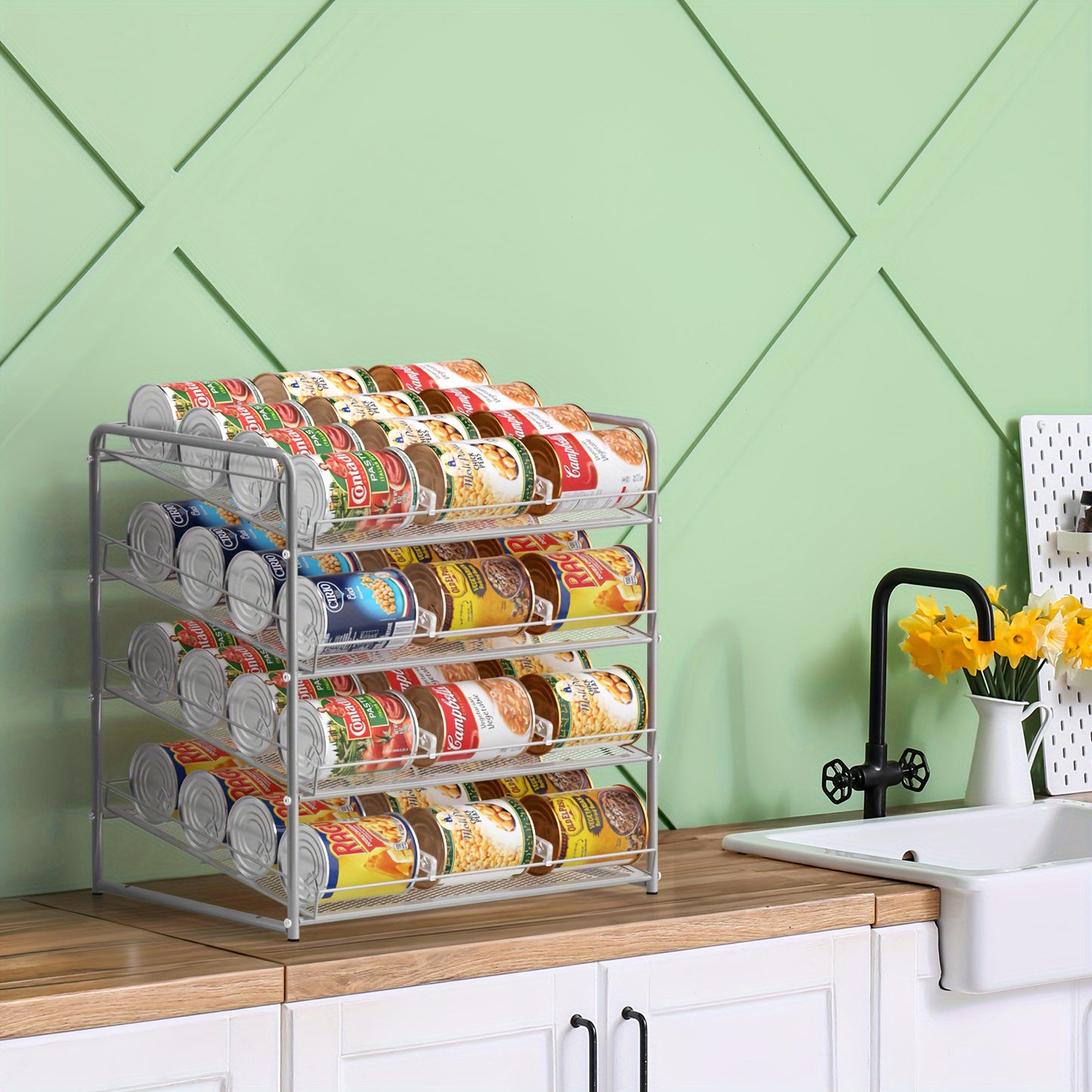 Can Rack Kitchen Organizer With Adjustable Dividers, Holds Up To 84 Cans