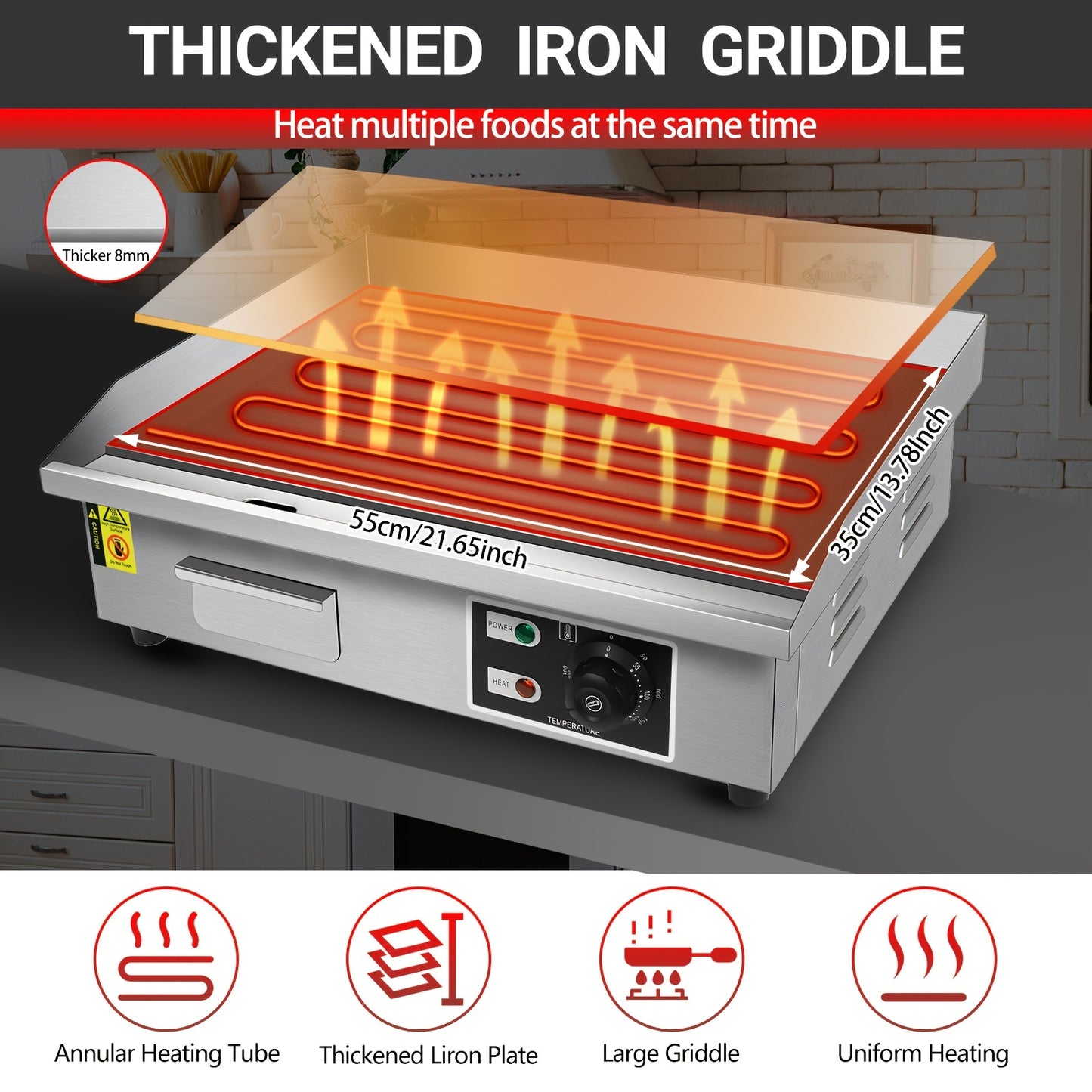 22 Inch Electric Countertop Flat Top Griddle 1600W 110V
