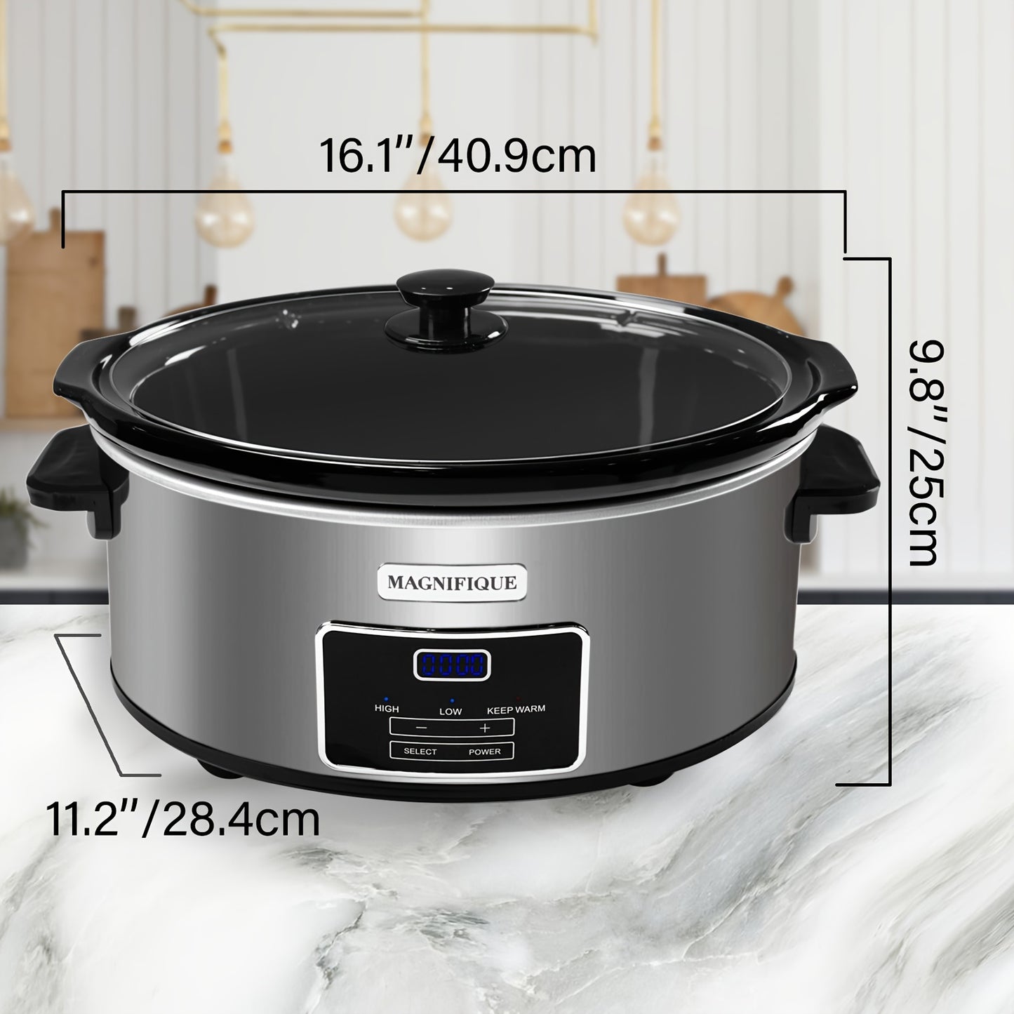 Magnifique 7 Quart Black Stainless Steel Programmable Slow Cooker with Removable Crock – Perfect for Family Dinners, Healthy Meals, and Meal Prep, Includes Lid and Utensil Holder, Crockpot for Cooking