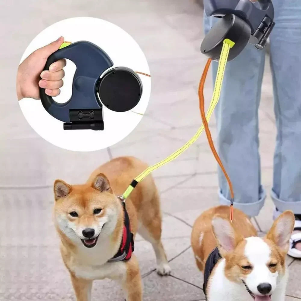 Retractable Reflective Dual Pet Leash Lead 360 Swivel Durable Dark Blue