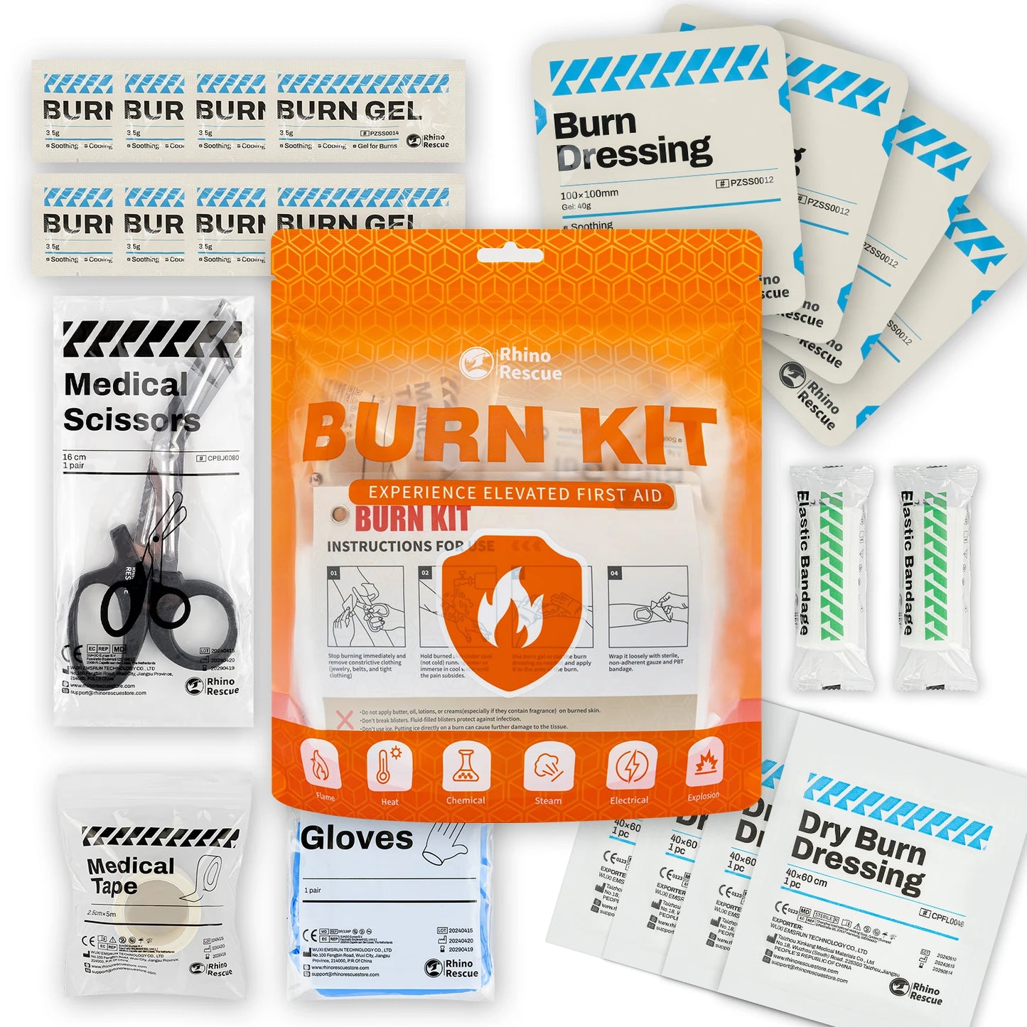 RHINO RESCUE Burn Care Kit: Burn Dressings, Burn Gel Packets, Cooling Cream