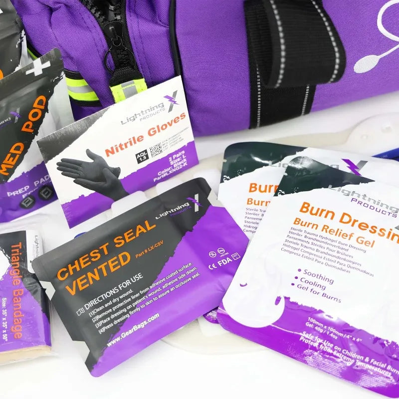 Stocked EMS/EMT Trauma Kit w/Large First Responder Bag & 256 First Aid Medical Supplies - Purple