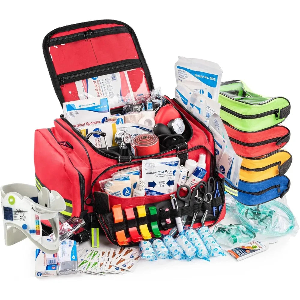 Fully-Stocked First Responder Professional Advanced EMT EMS Trauma Kit Reflective Bag w 10 Plus Compartments