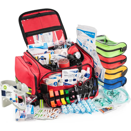 Fully-Stocked First Responder Professional Advanced EMT EMS Trauma Kit Reflective Bag w 10 Plus Compartments