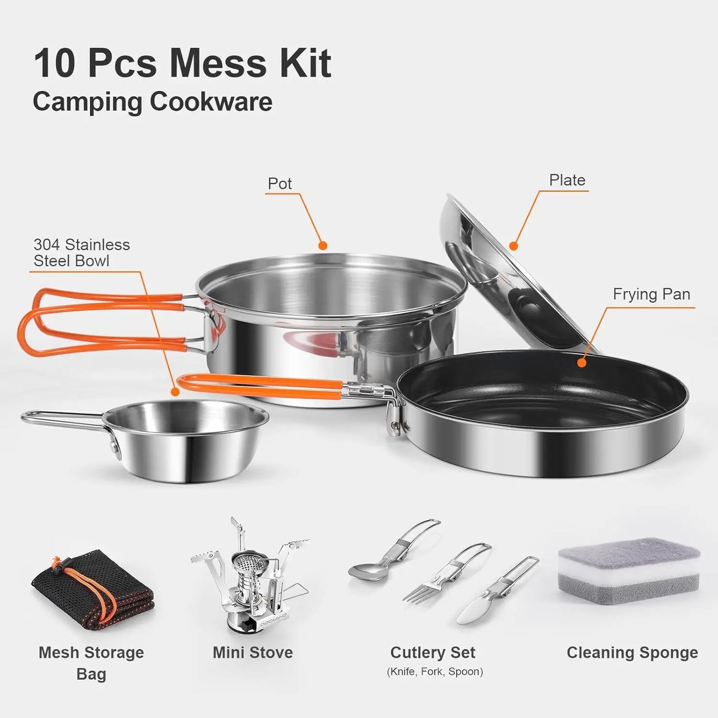 10Pcs Stainl Steel Camping Cookware Set With Stove Plates Forks