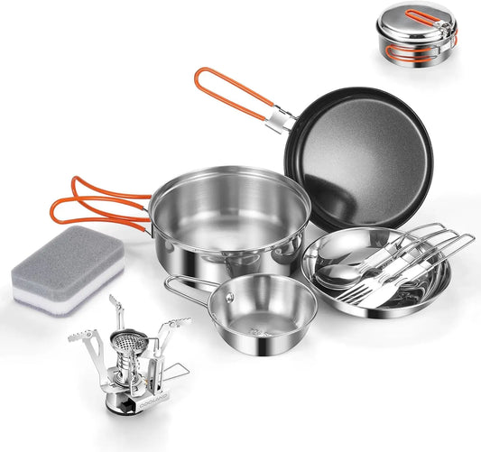 10Pcs Stainl Steel Camping Cookware Set With Stove Plates Forks