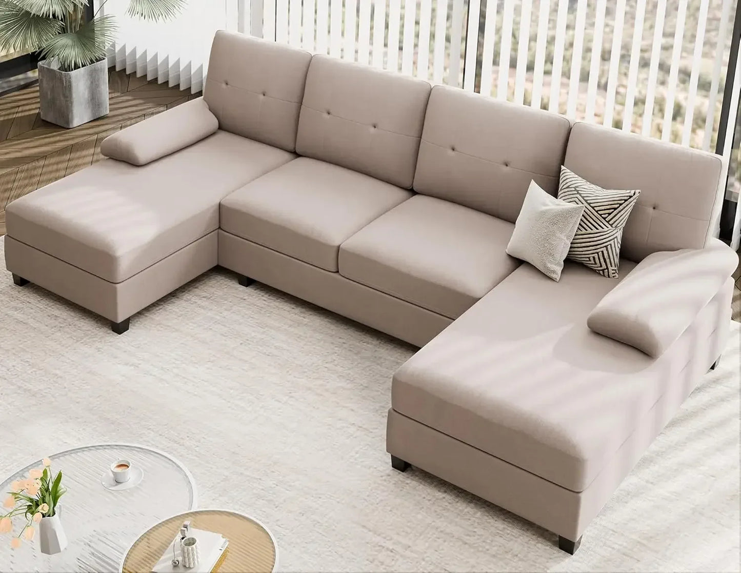 Sectional Sofa Couch, 4 Seat U-Shaped Sofa Couch with Double Chaises