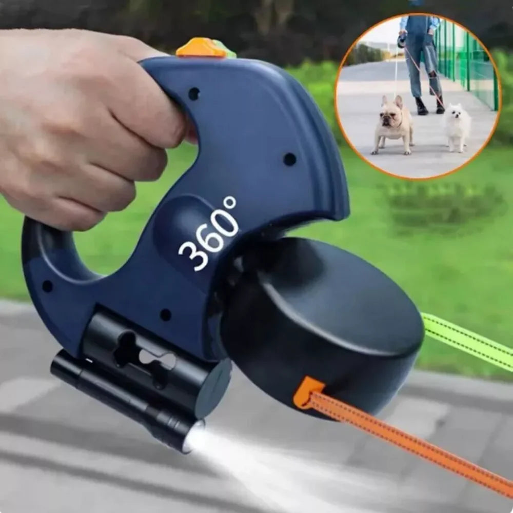 Retractable Reflective Dual Pet Leash Lead 360 Swivel Durable Dark Blue