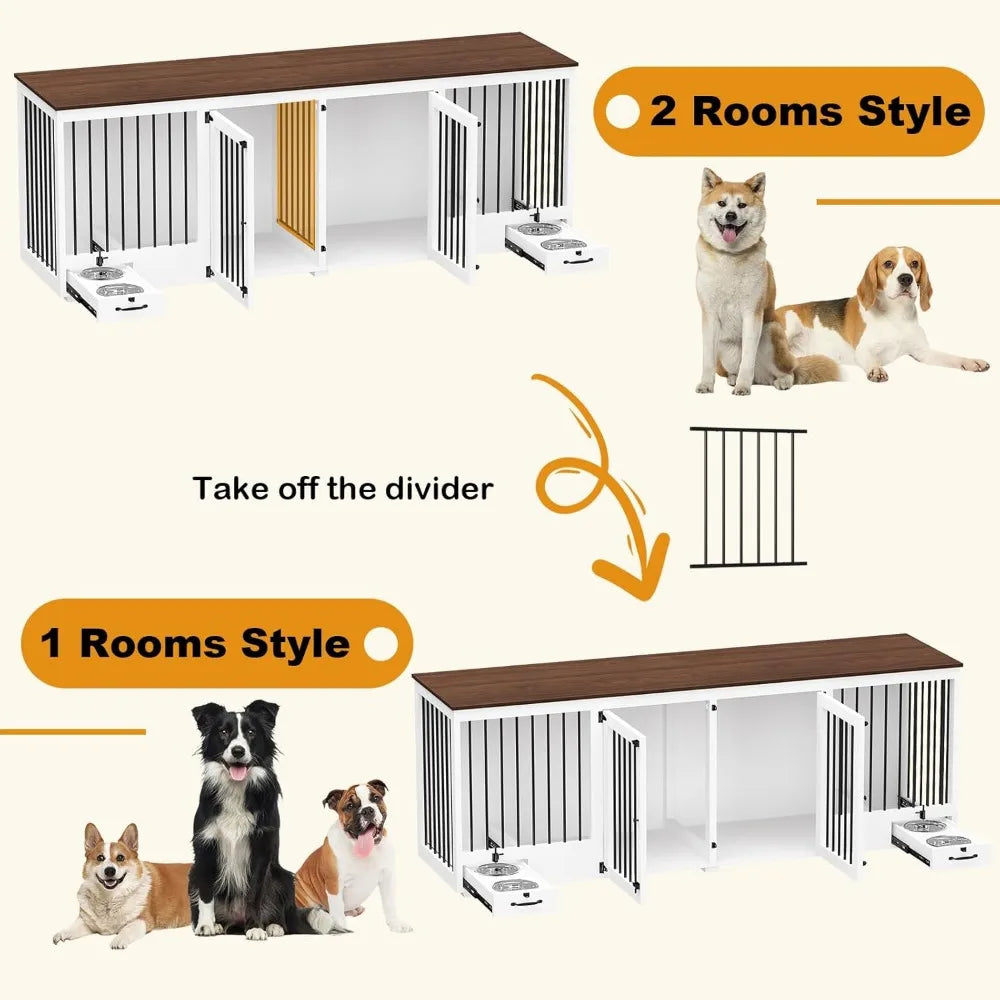Furniture Style Large Dog Crate for 2 Dogs, 86.6 Inch Wooden Kennel