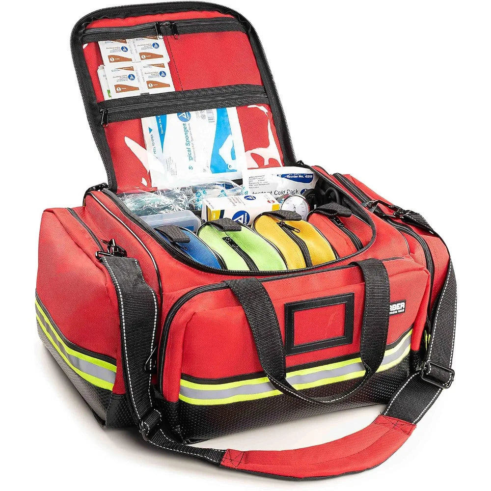 Fully-Stocked First Responder Professional Advanced EMT EMS Trauma Kit Reflective Bag w 10 Plus Compartments