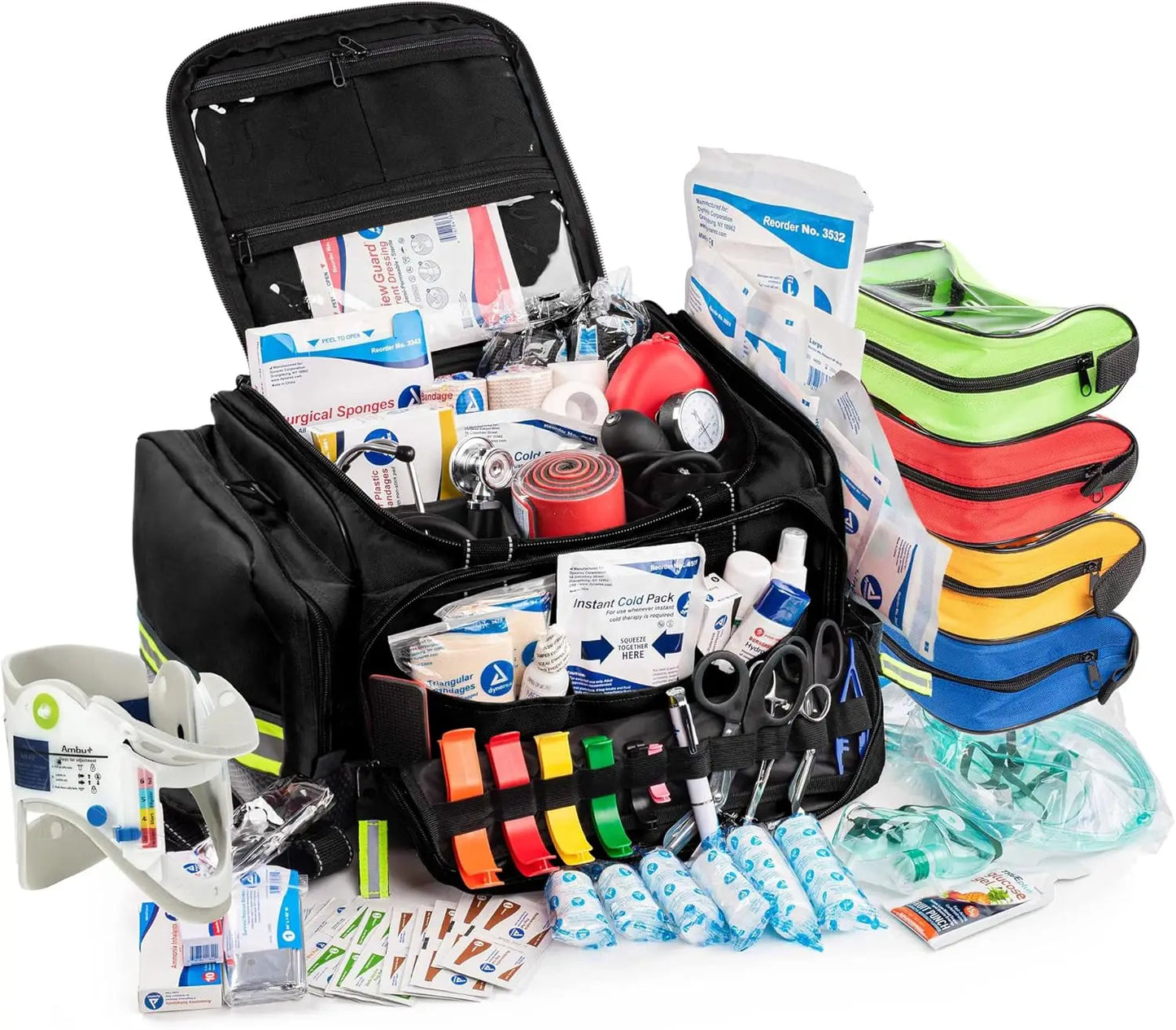 Fully-Stocked First Responder Professional Advanced EMT EMS Trauma Kit Reflective Bag w 10 Plus Compartments