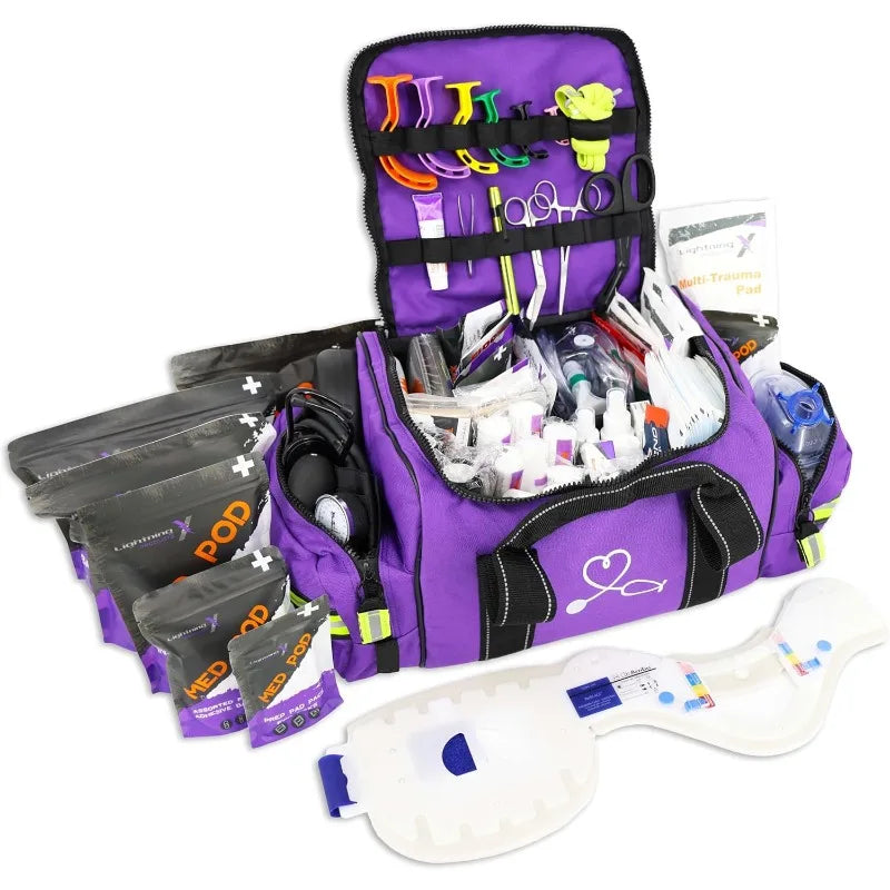 Stocked EMS/EMT Trauma Kit w/Large First Responder Bag & 256 First Aid Medical Supplies - Purple