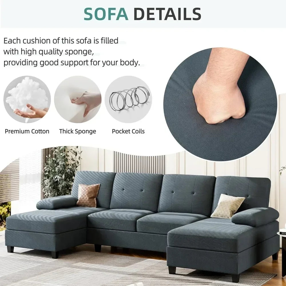 Sectional Sofa Couch, 4 Seat U-Shaped Sofa Couch with Double Chaises