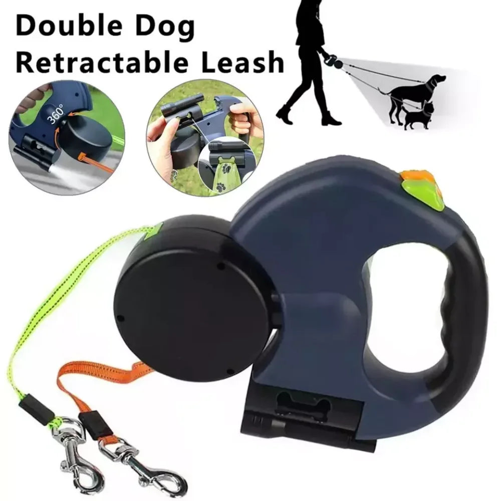 Retractable Reflective Dual Pet Leash Lead 360 Swivel Durable Dark Blue