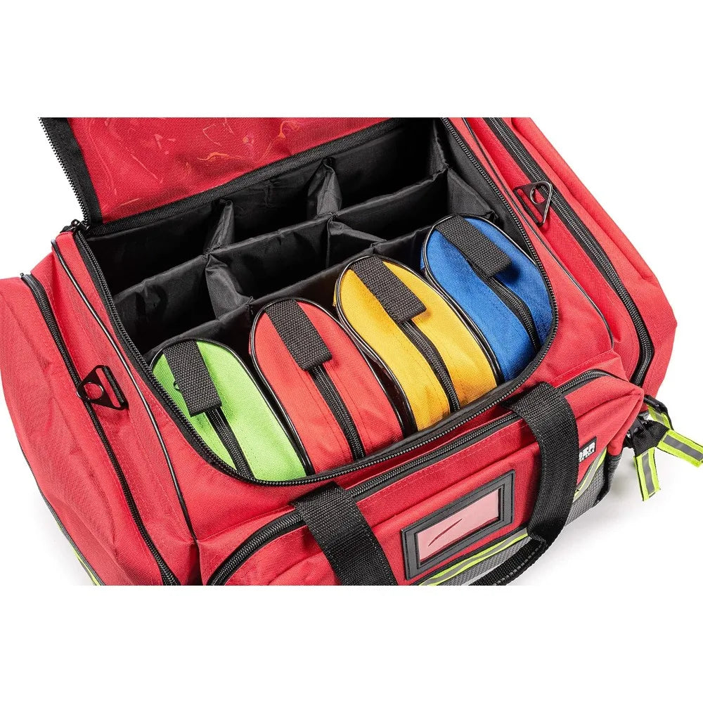 Fully-Stocked First Responder Professional Advanced EMT EMS Trauma Kit Reflective Bag w 10 Plus Compartments