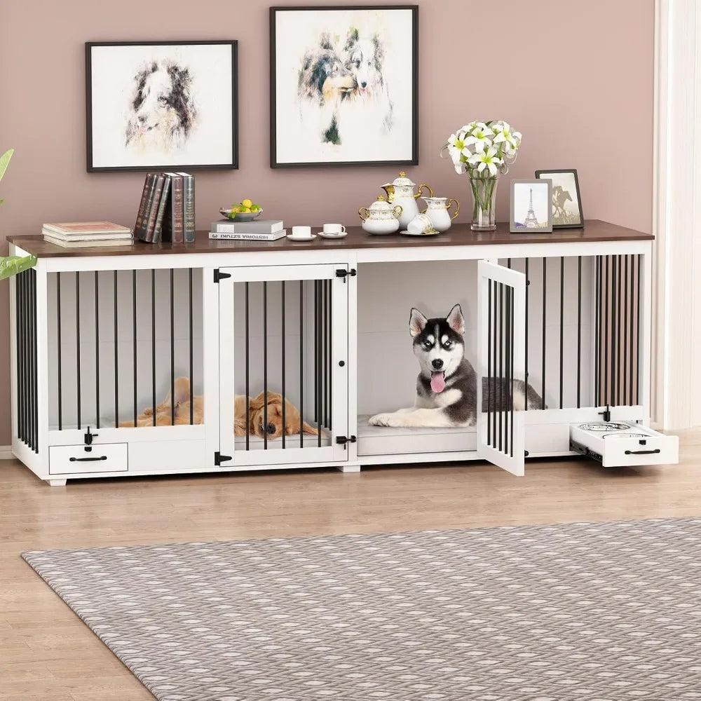 Furniture Style Large Dog Crate for 2 Dogs, 86.6 Inch Wooden Kennel