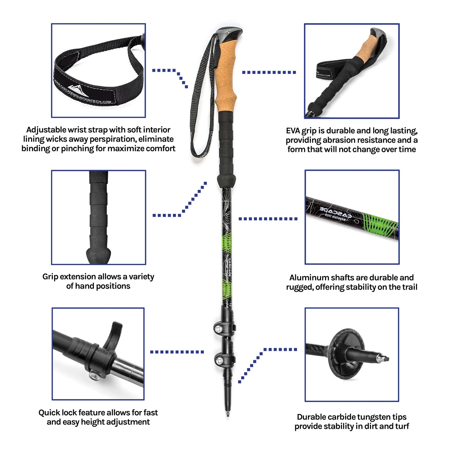 Cascade Mountain Tech Aircraft-Grade Aluminum Quick Lock Trekking Poles with Cork Grip Green