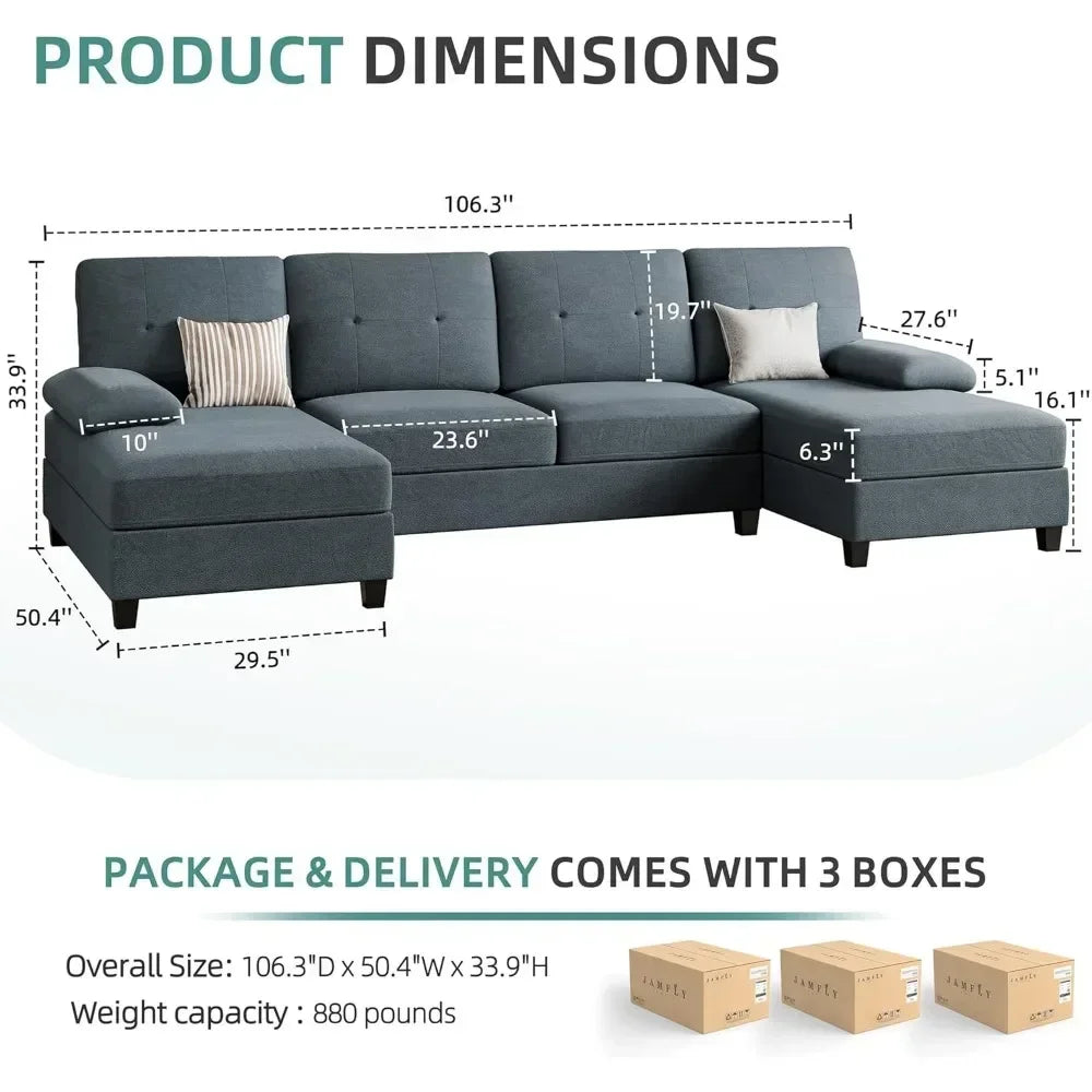 Sectional Sofa Couch, 4 Seat U-Shaped Sofa Couch with Double Chaises
