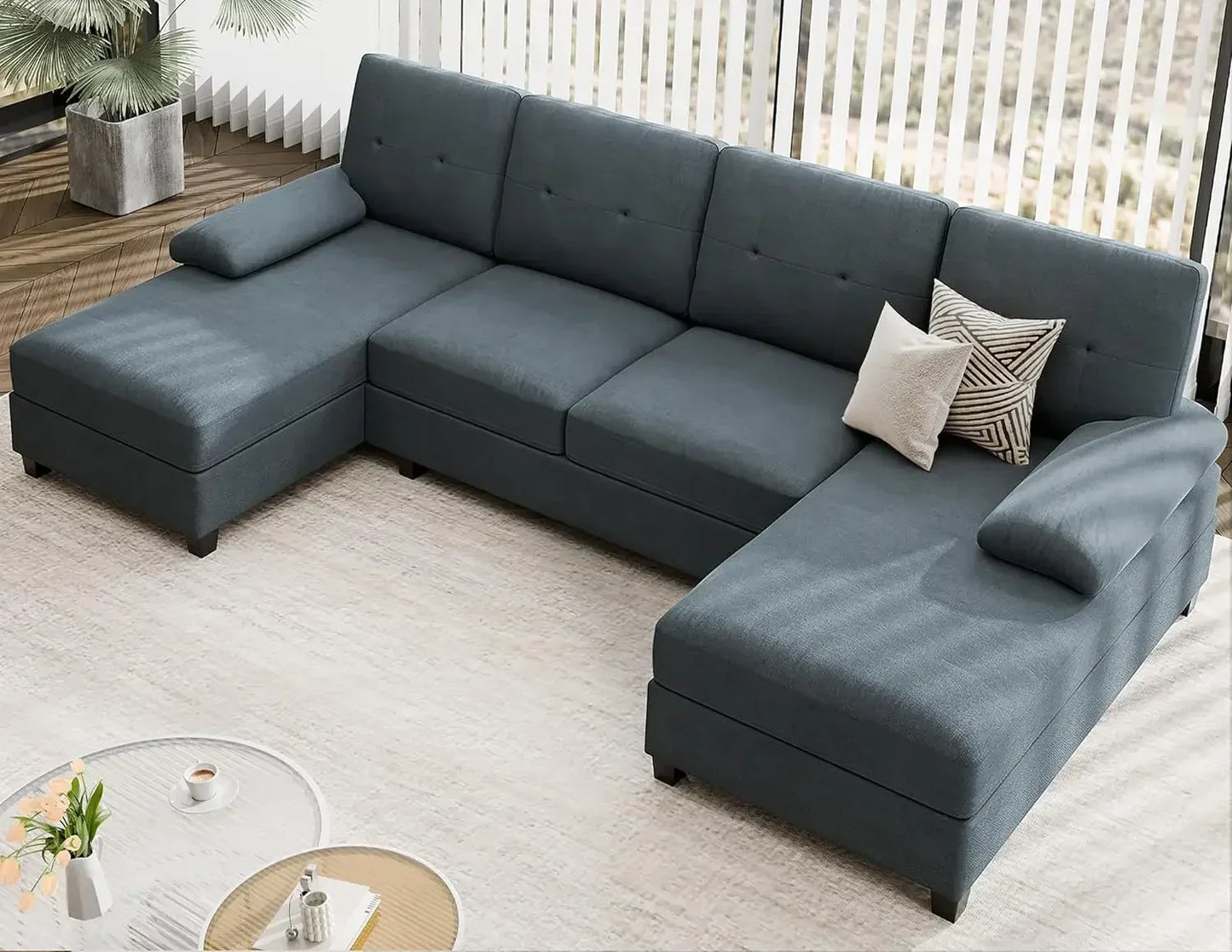 Sectional Sofa Couch, 4 Seat U-Shaped Sofa Couch with Double Chaises