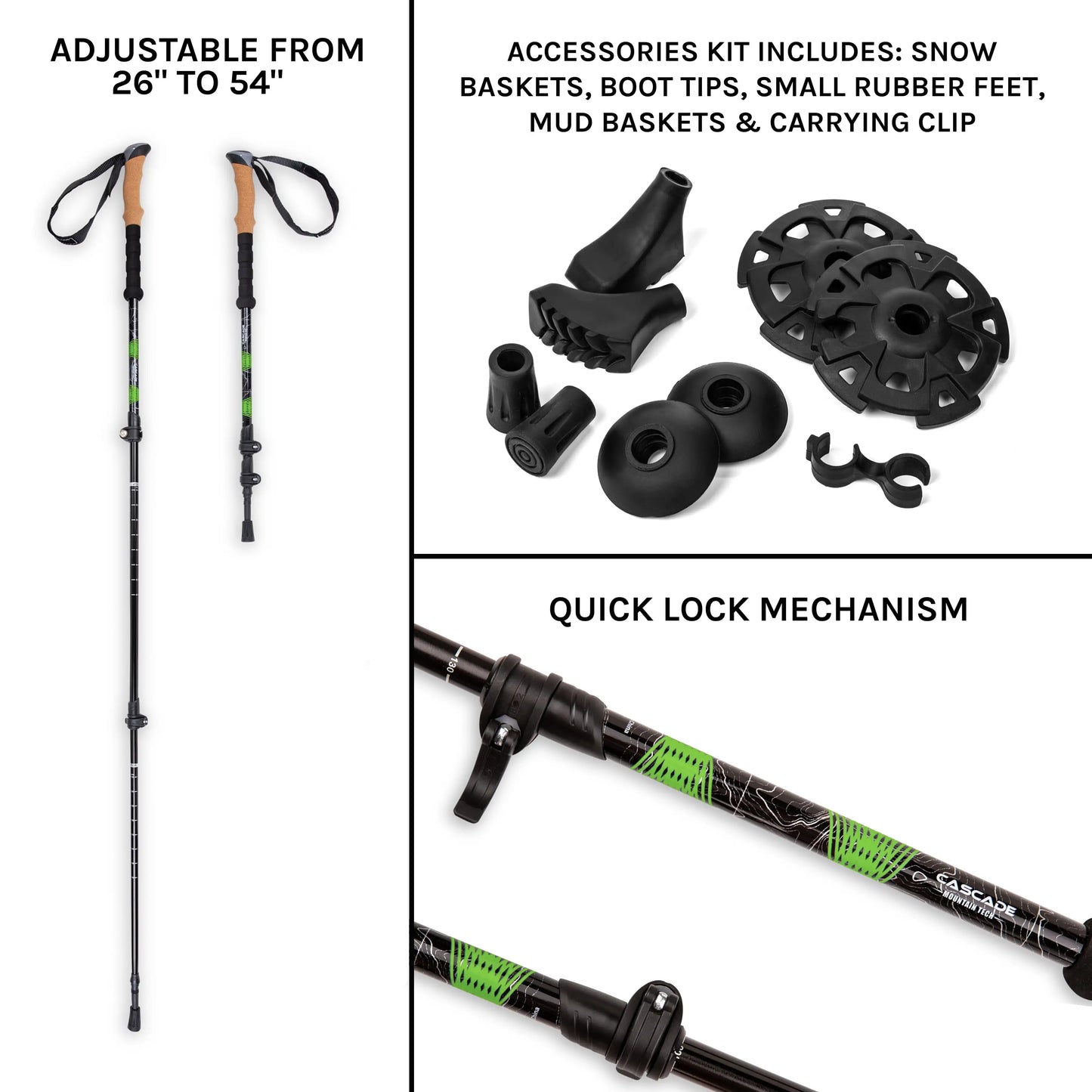 Cascade Mountain Tech Aircraft-Grade Aluminum Quick Lock Trekking Poles with Cork Grip Green