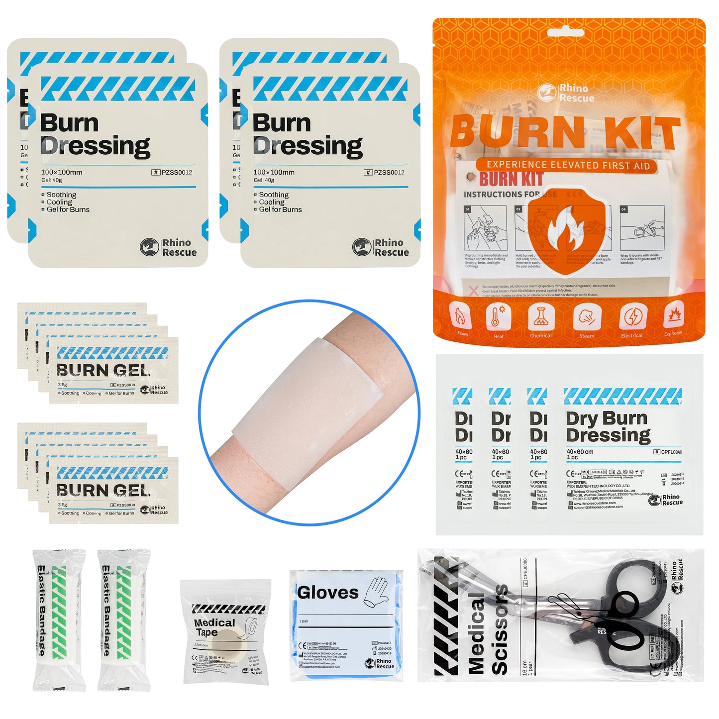 RHINO RESCUE Burn Care Kit: Burn Dressings, Burn Gel Packets, Cooling Cream