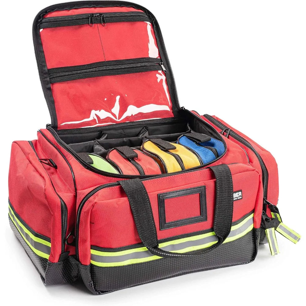 Fully-Stocked First Responder Professional Advanced EMT EMS Trauma Kit Reflective Bag w 10 Plus Compartments