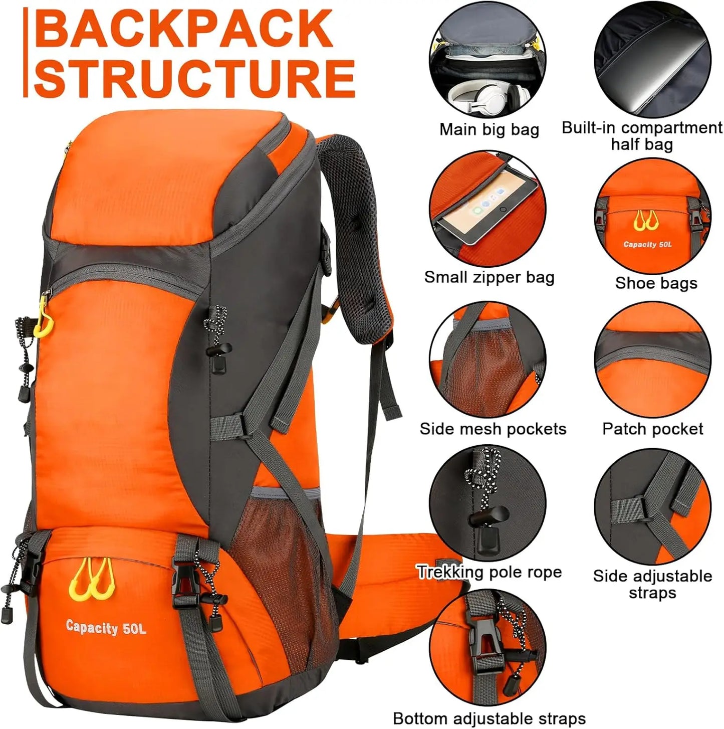 Hiking Backpack Waterproof 50L Lightweight Travel Backpack