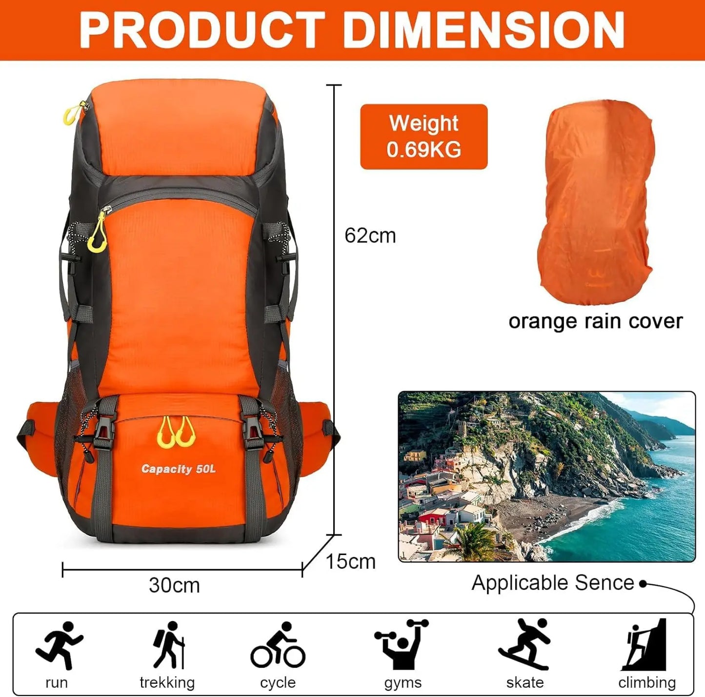 Hiking Backpack Waterproof 50L Lightweight Travel Backpack