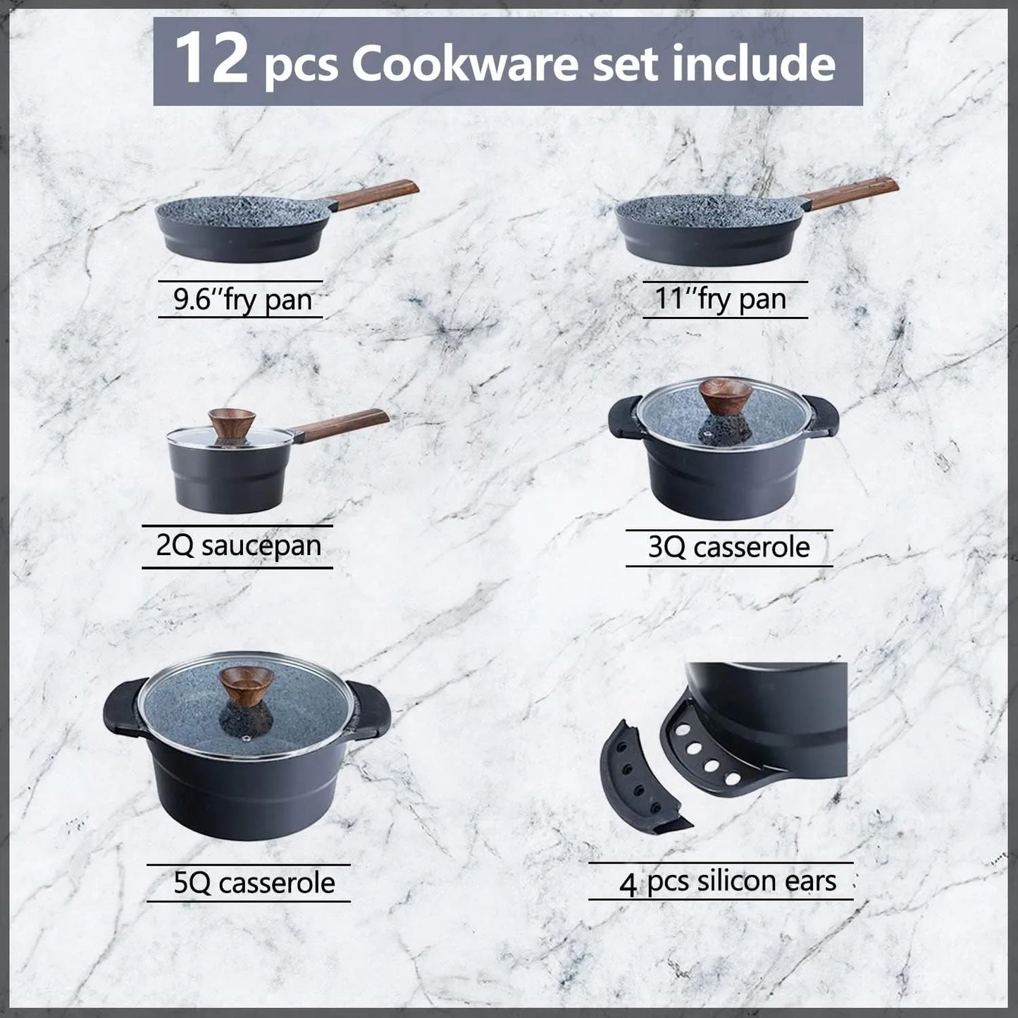 Cast Aluminum Pots and Pans Set Non Stick 12Pcs Induction Cookware Set