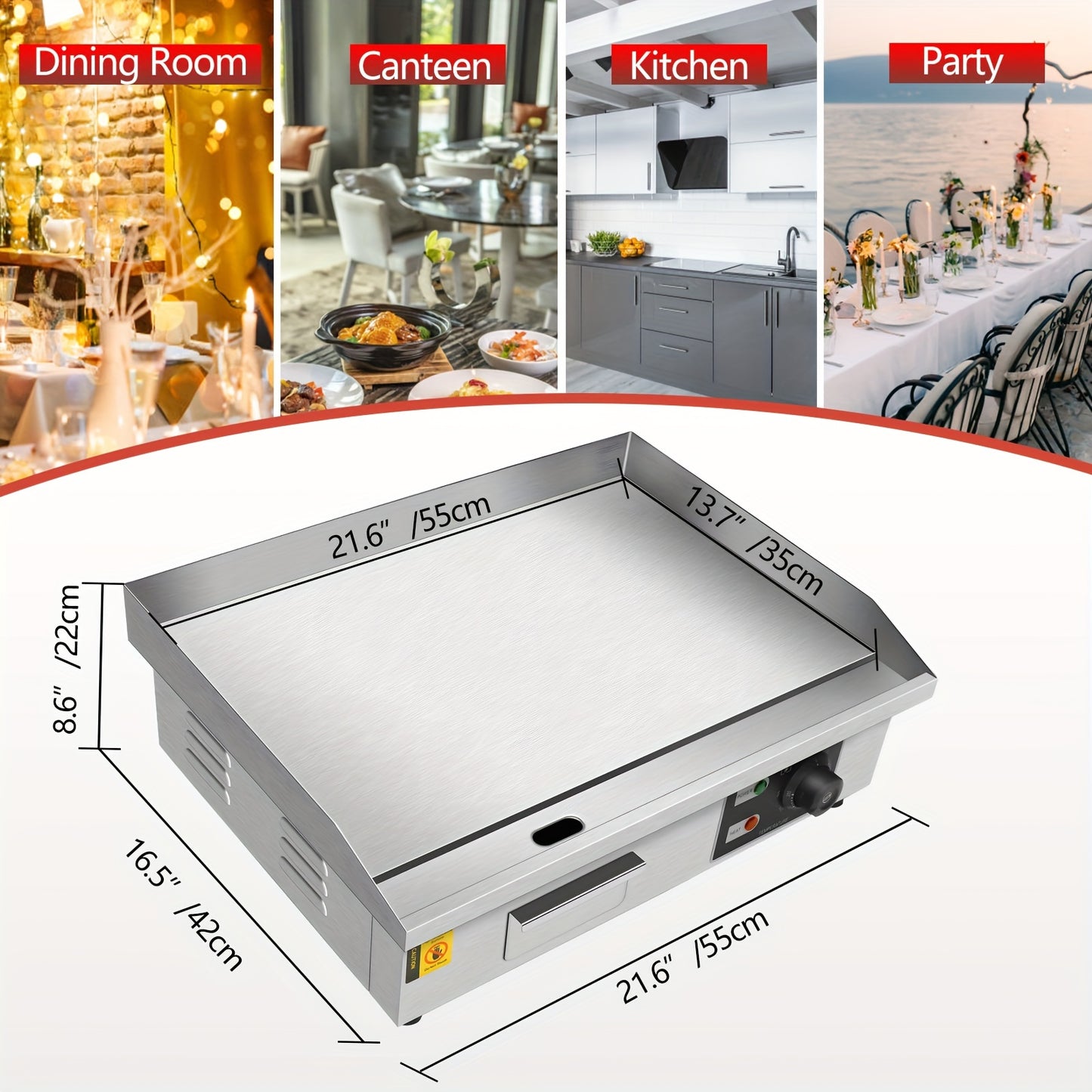 22 Inch Electric Countertop Flat Top Griddle 1600W 110V