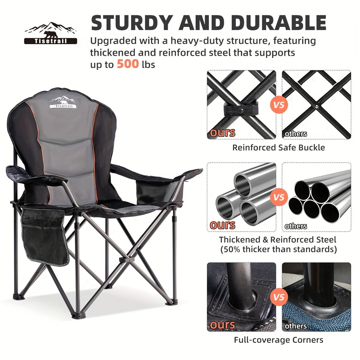 Tisetrail Oversized Folding Camping Chair with Cooler 500 lbs Support Black & Gray