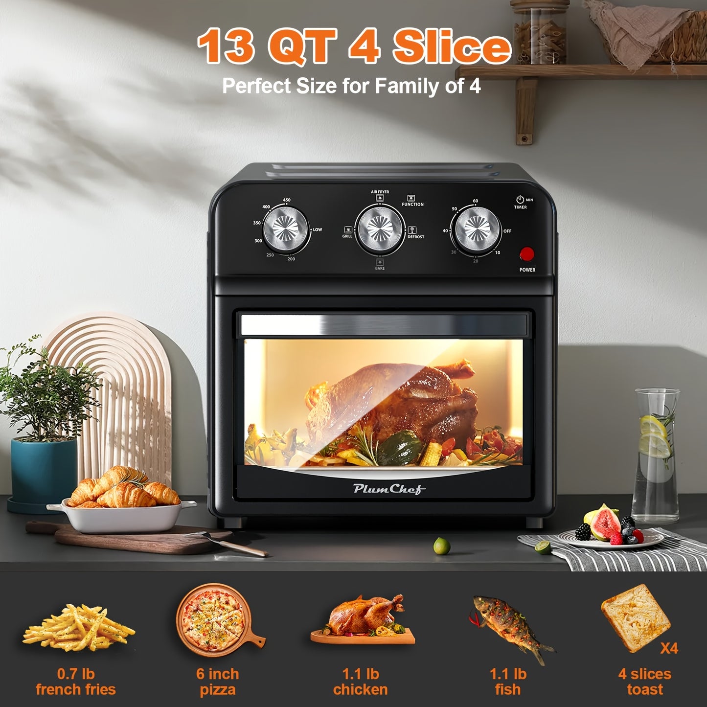 [7 In 1 PlumChef] PlumChef 12.5 Quart 7 In 1 Multifunction Air Fryer Convection Toaster Oven, 1500W, 5 Pre-set Menus, 4 Slices, Stainless Steel, Silver