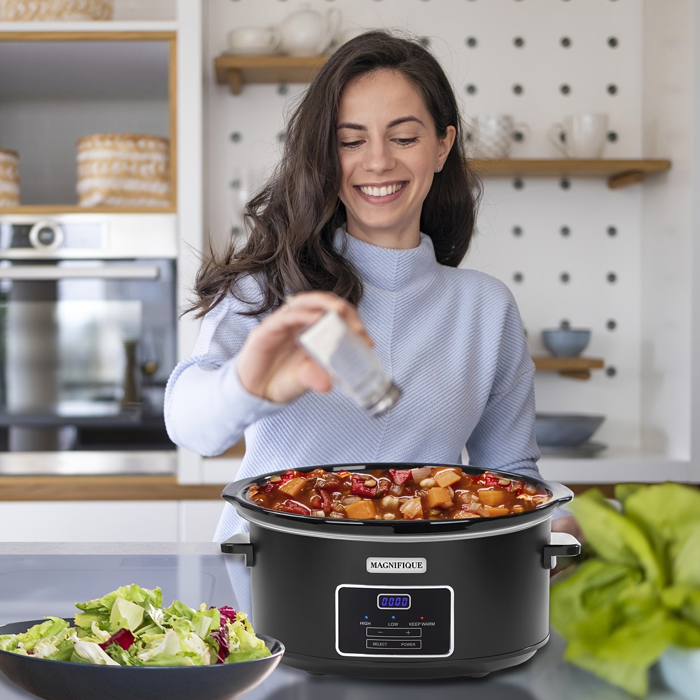 Magnifique 7 Quart Black Stainless Steel Programmable Slow Cooker with Removable Crock – Perfect for Family Dinners, Healthy Meals, and Meal Prep, Includes Lid and Utensil Holder, Crockpot for Cooking